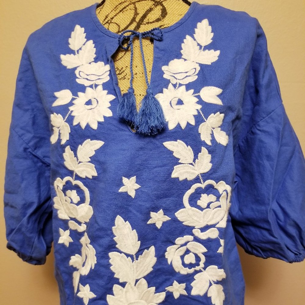 Embroidered tassle tie neck tunic blouse top linen cotton blend puffed sleeves